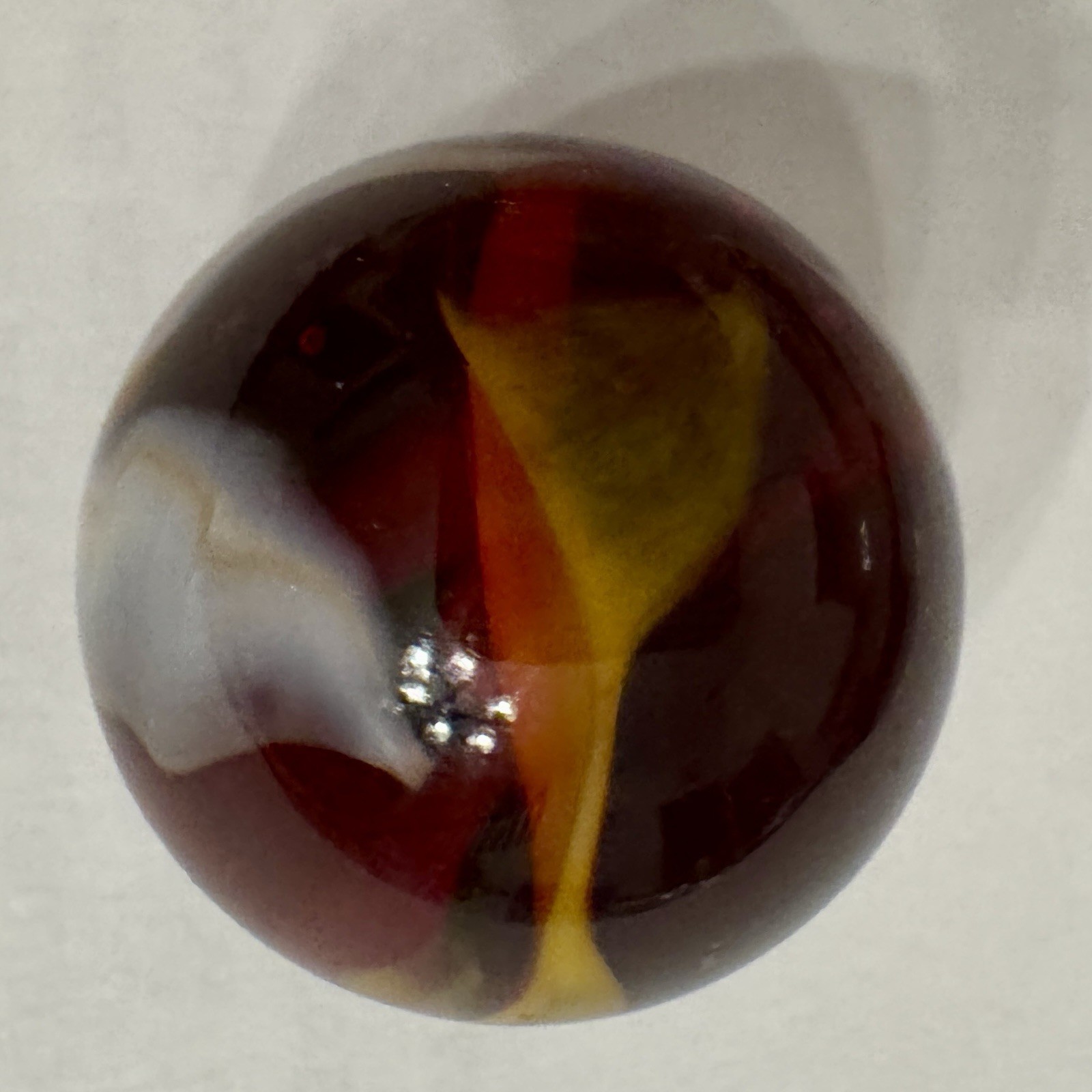 Vintage Handmade Large 1” Glass Shooter Marble Ruby Red White Yellow Swirl 25mm