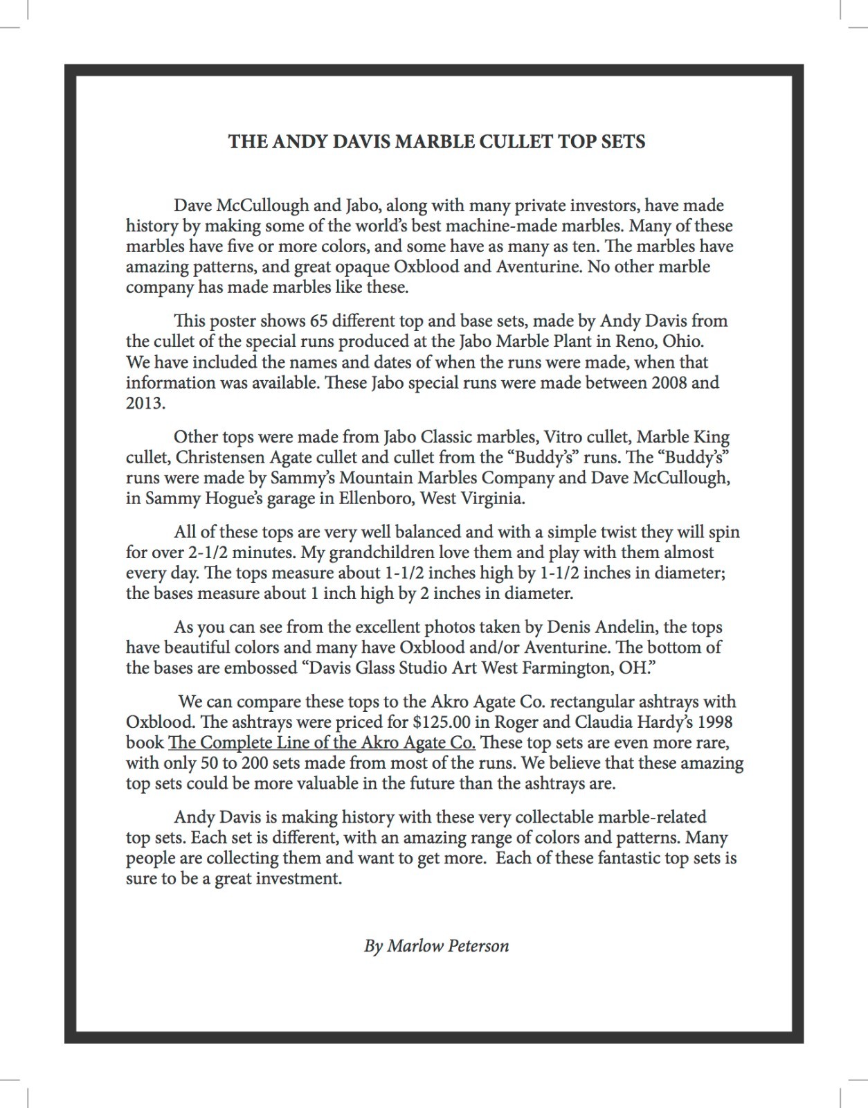 ANDY DAVIS JABO MARBLES CULLET TOP SETS LAMINATED POSTER AND LETTER BEAUTIFUL!