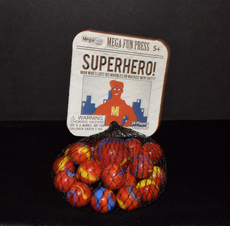 👽➖⏩ MEGA 💪SUPERHERO Collectors Net Bag Superman Colors🔴🔵🟡24 marbles Mint