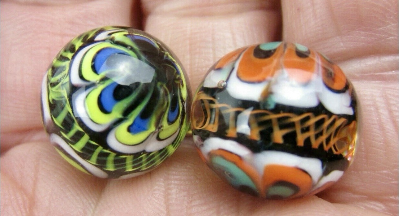 2 RINKY-DINK 16mm Handmade Art Glass Orange Blue Green Lattice Design Marbles