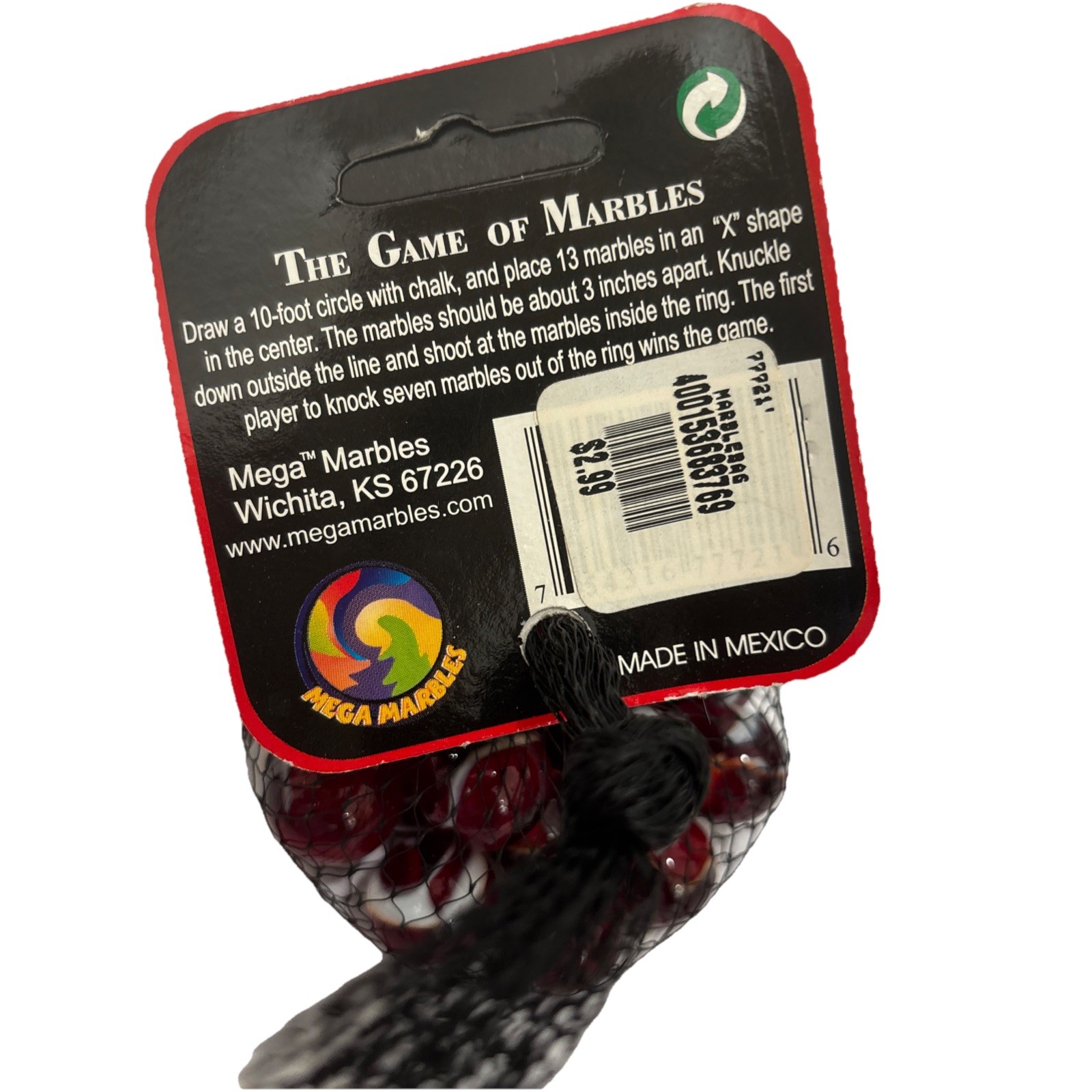 Net Bag 25 Rooster Glass Mega Marbles 24 Players & 1 Shooter Red White 2004-06