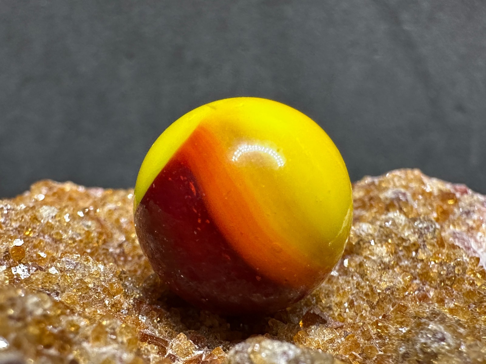 Vintage Akro Agate Royal Patch Marble – Red & Yellow – .60″ Very Nice!