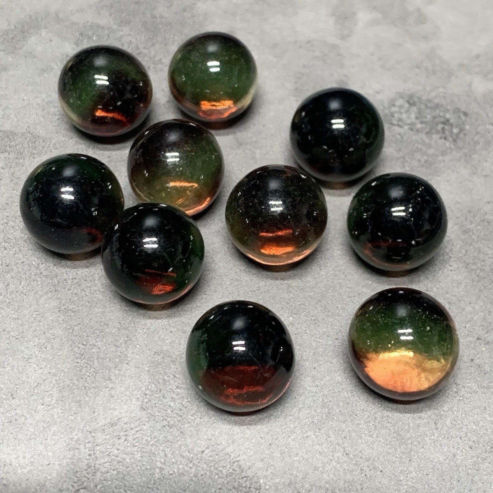 Brown Swirl Vaseline Glass Uranium Glass Marbles UV Glow, 5/8” 15mm Lot Of 10.