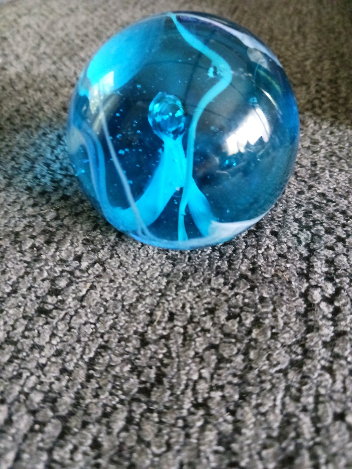Large Marble Blue Opaque With Air Bubble And White Spagetti Strings