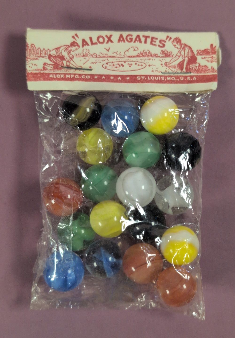 Vintage 1930s Alox Agates Marbles in Original Sealed Bag St. Louis, MO USA