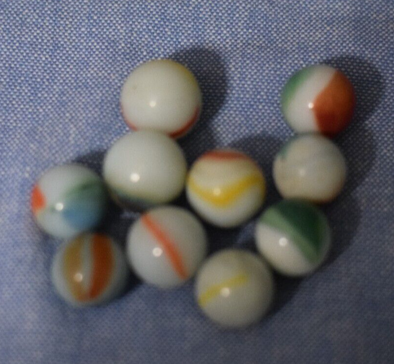 Vintage Lot of 10 White Milk Glass Multi-Color Swirl Marbles 16 mm – .6 in. C121