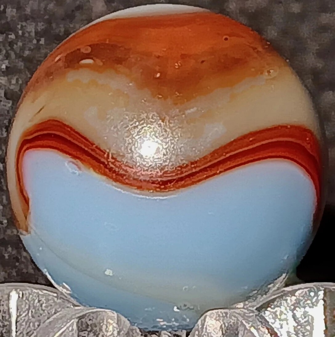 Vintage Peltier Glass NLR Hybrid Oxblood Marble. .60″ Mint. (HTF) UV Active