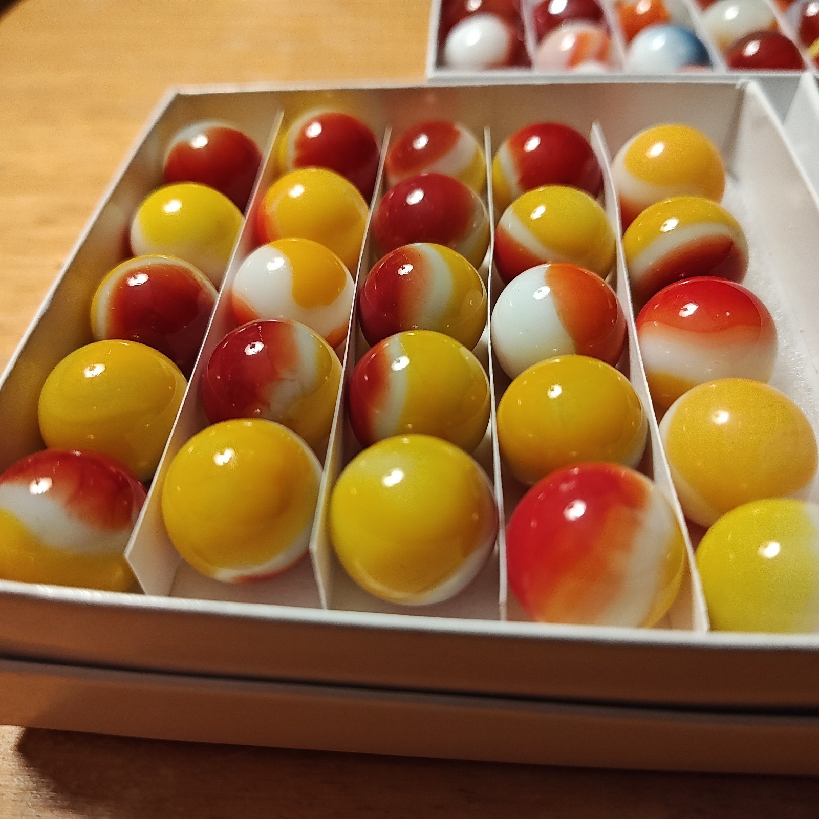 75 Vintage Swirl Glass Marbles 5/8″ – Orange, Yellow and White – W/ Boxes