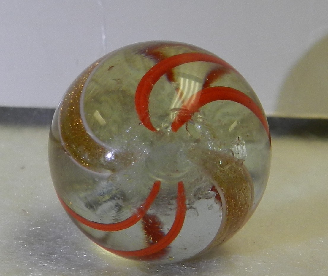 #19832m Large .87 Inches Vintage German Handmade Clear Glass Banded Lutz Marble