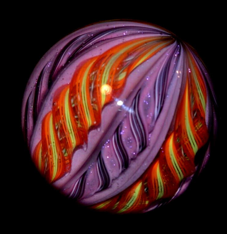 EDDIE SEESE GLASS MARBLE/2.128″-8 CANE FIRE & VIOLETS-ORANGE DICHROIC,MAGENTA +