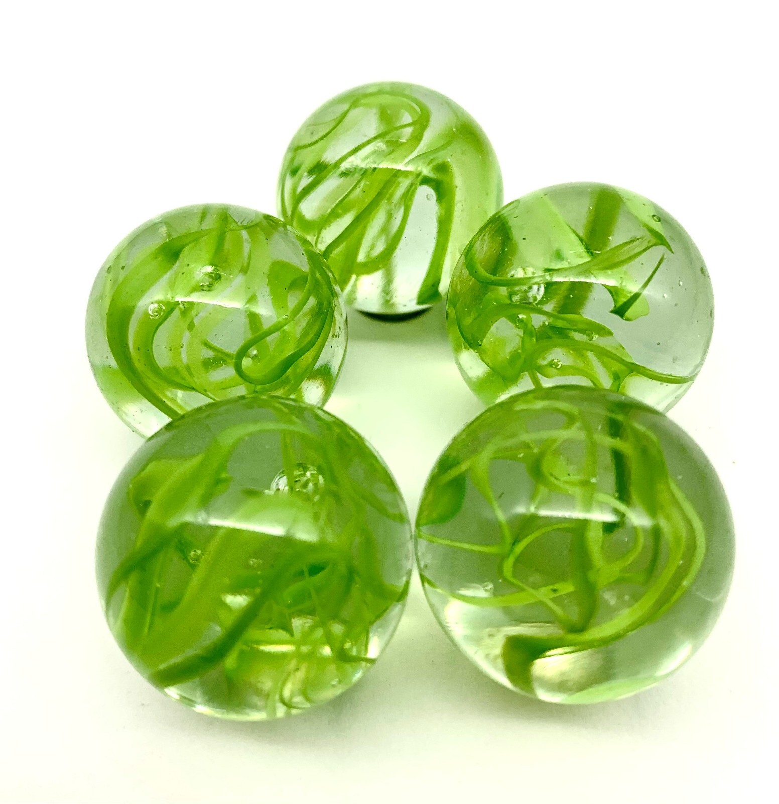 25mm “Spaghetti” Glass Shooter 1 inch Marbles Pack of 5 Clear w/ Green Swirls
