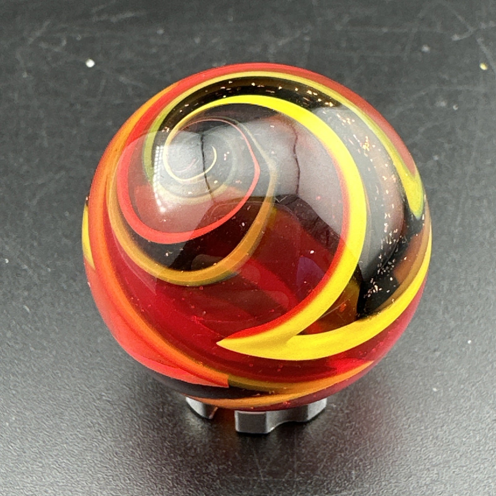 Contemporary Handmade Art Glass Marble 1.09″ Red Yellow Swirl Dichroic Sparkle