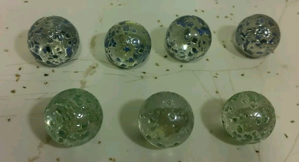 7 Vintage Small Blue & Green Speckled Glass Marbles Lot 4 Blues / 3 Greens