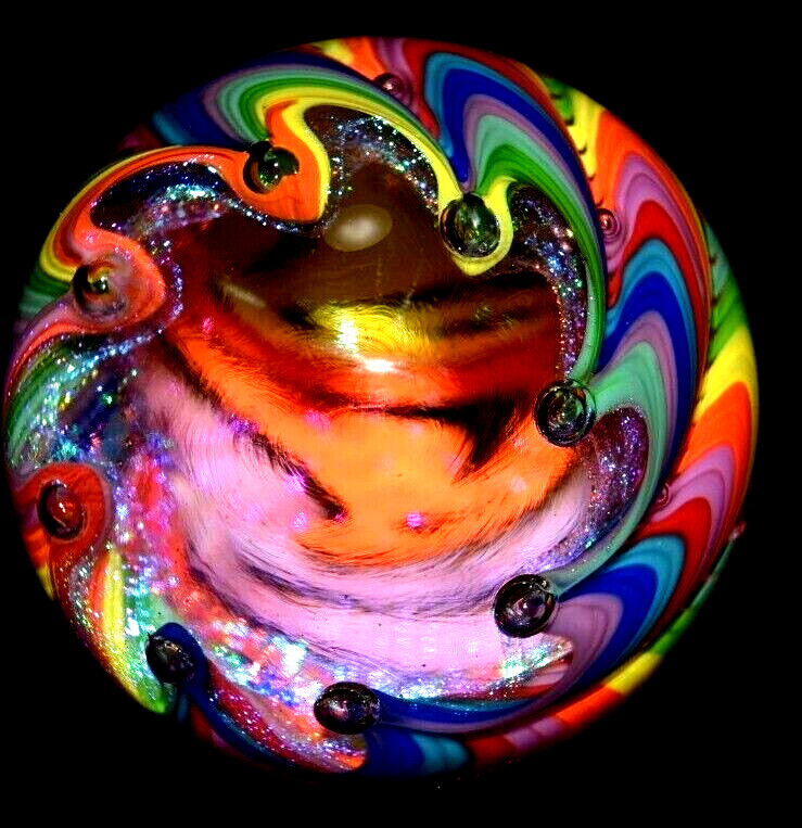 JAMES ALLOWAY HANDMADE MARBLE/2.623″-DICHROIC RAINBOW VORTEX # 3217-LIME,ROYAL +