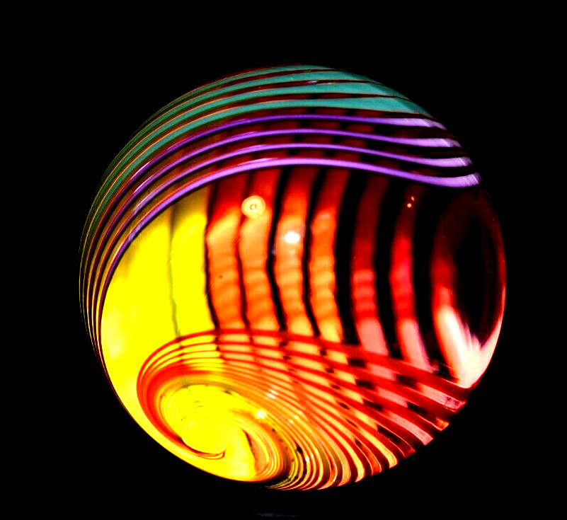 JOHN GIBBONS GLASS MARBLE/1.650″-24 RIBBON RAINBOW SWIRL-CRIMSON,GR. LUTZ,TURQ +