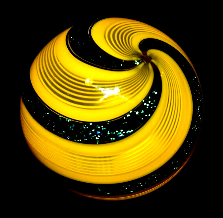 HOT HOUSE GLASS MARBLE/1.712″-SUNFLOWER W/TURQUOISE BANDED FINE LINER #319-FAST