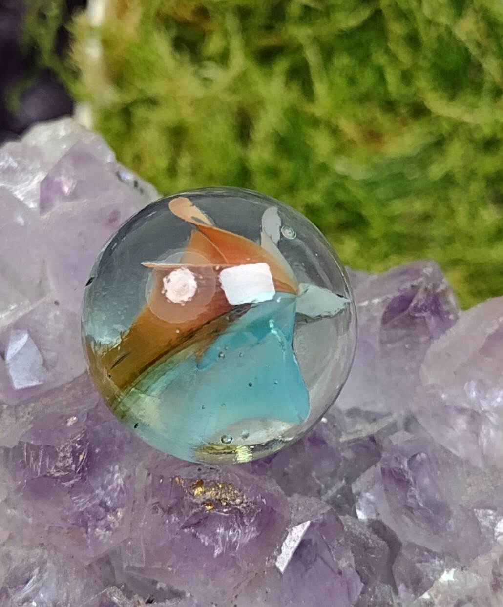Elegant 💎 NM Turquoise & Peach Cateye Six-Vane “V” Style Vintage Marbles .60″