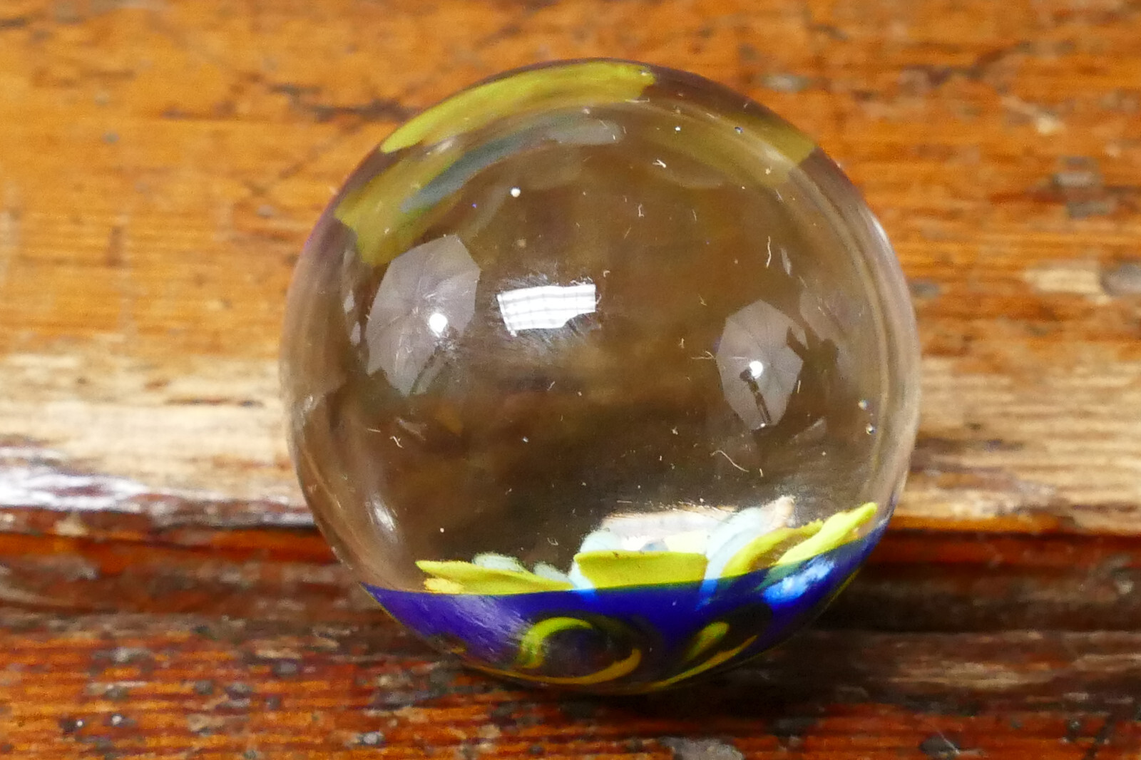 Vintage Hand Blown Art Glass Marble Yellow & Blue Flower Floral Design – 1 1/4”