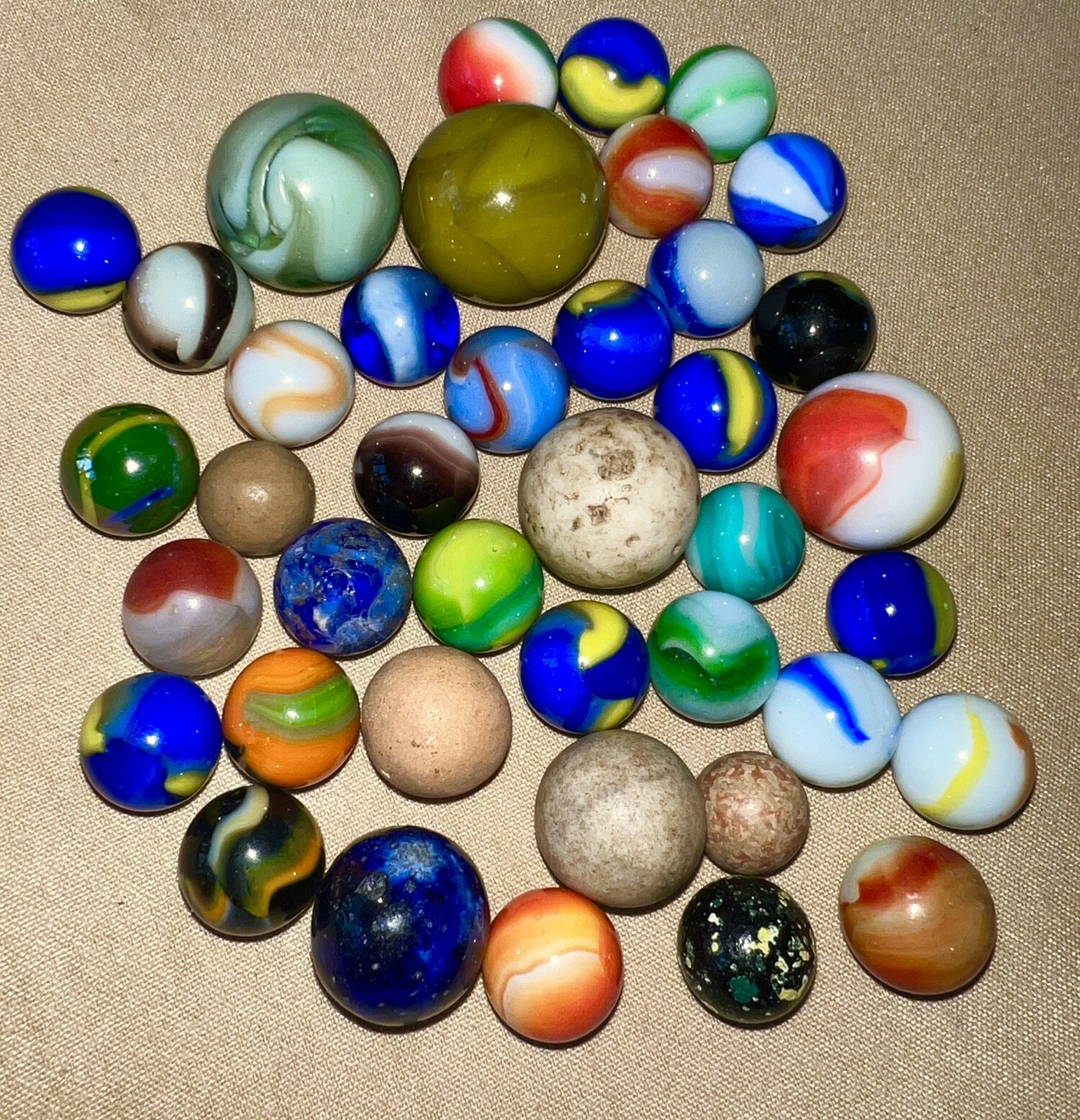 Old Gerber Jar of 40 Marbles, V9/16 – 1”, Cub Scouts, Clays, Pelt, Bennington,