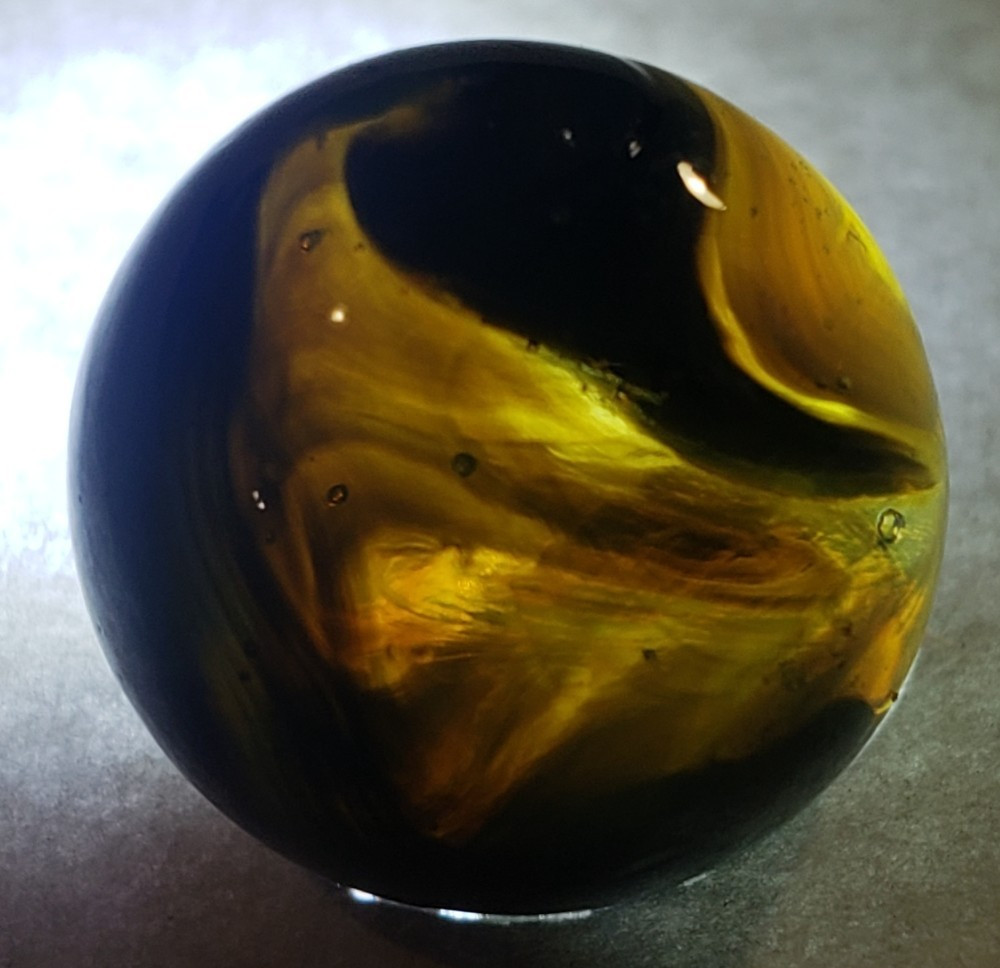 HTF GORGEOUS Akro Agate Blue n Gray Popeye HYBRID Amber Base WET MINT SZ 5/8