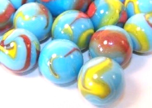 Bulk Pk 100 Serpent 16mm Glass Mega Marbles Players Blue w Red & Yellow Swirls