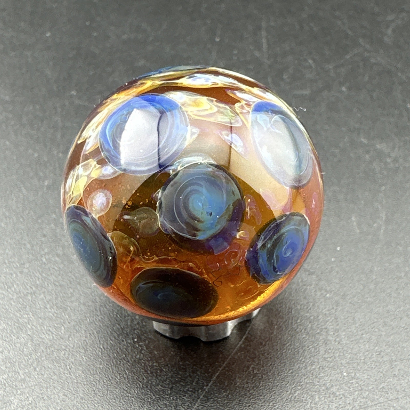 Contemporary Handmade Art Glass Marble 1.04″ Blue Spot MIB Translucent Core Boro