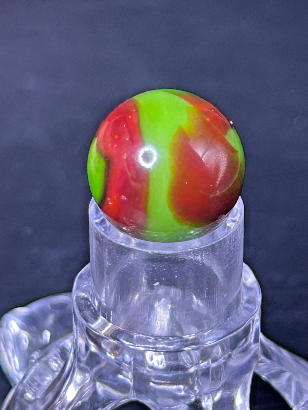 Vintage Peltier NLR Flaming Dragon Marble, Green Base/Red, .59″, Mint, #P19