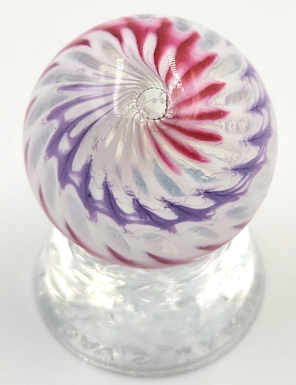 Jim Davis-Davis Marbles Pink White & Purple Swirl 1.5″ Marble w/Orig Glass Stand