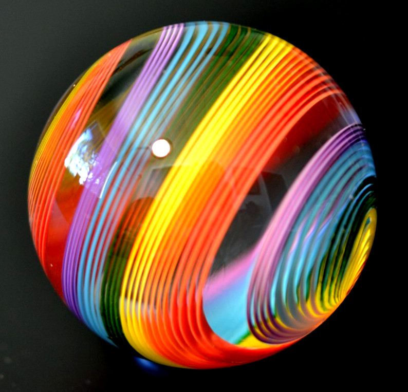 JOHN GIBBONS GLASS MARBLE/1.853″-GREEN LUTZ,RED,ORANGE,MAGENTA,YELLOW,TURQ+
