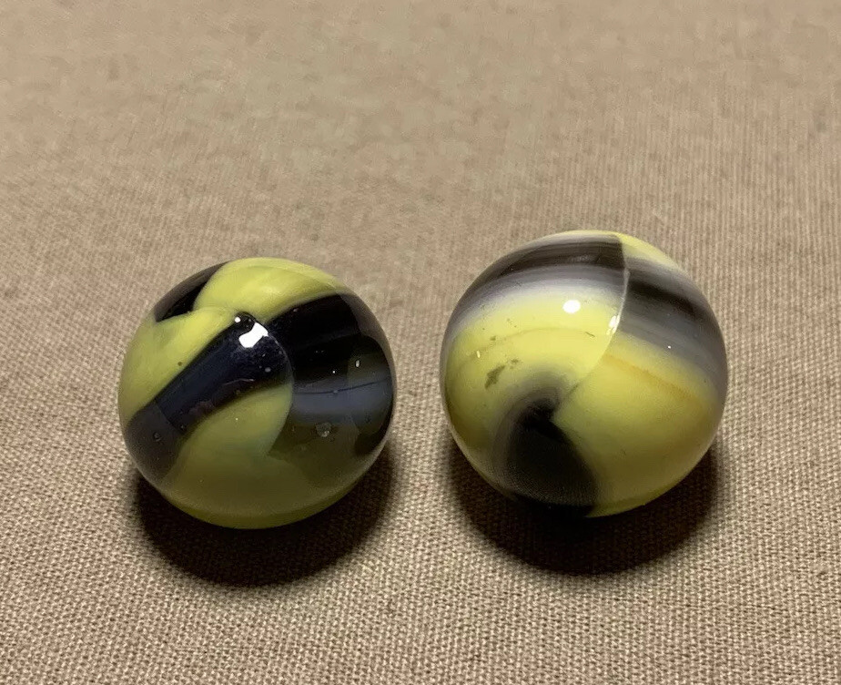 2 Vtg Marble King Bumble Bee Yellow White Brown Black Rainbow Marbles 0.630”