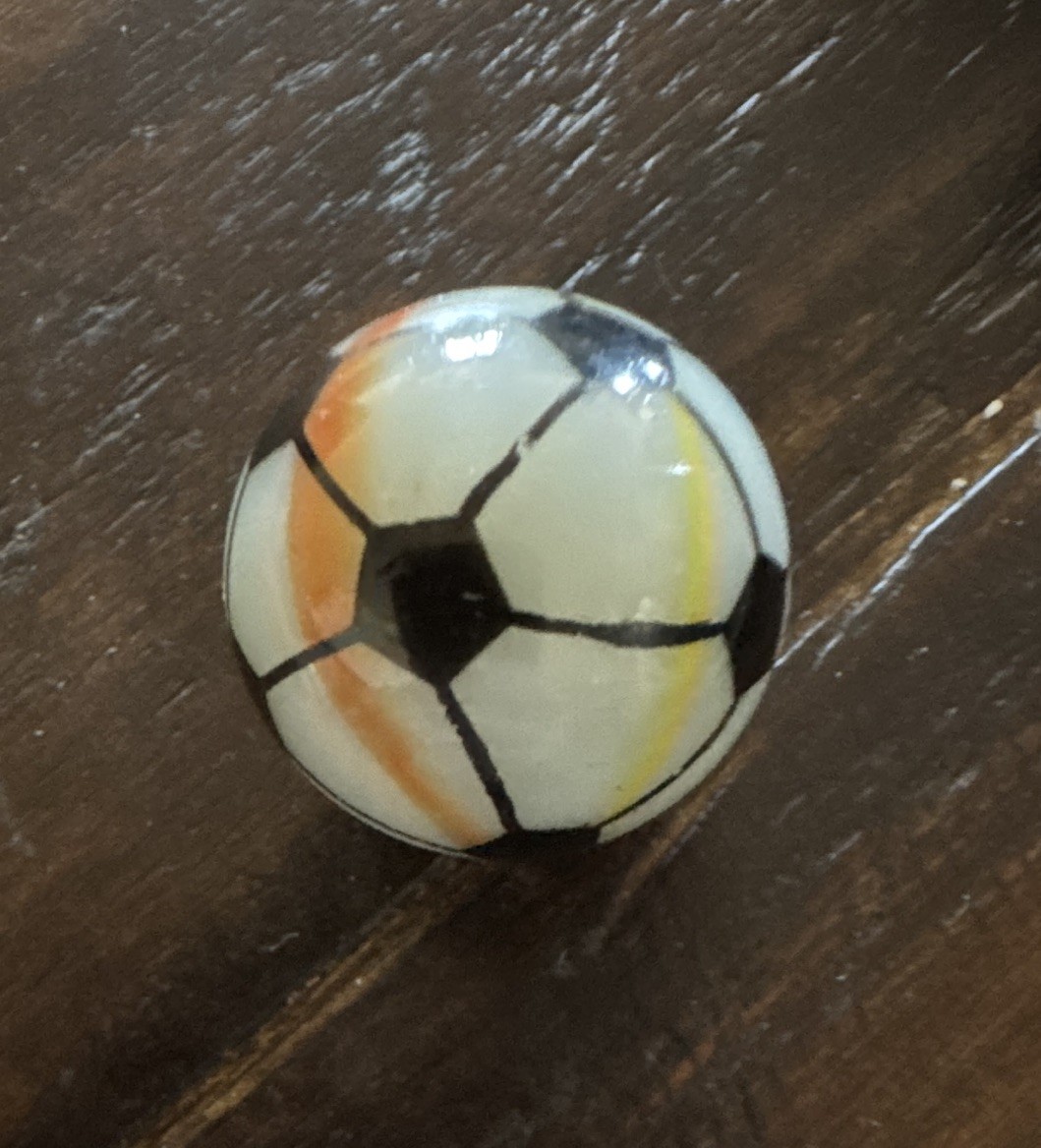 Hand-Painted Soccer Ball Marble Shooter– 24.9mm– White Base with Colored Ribbons
