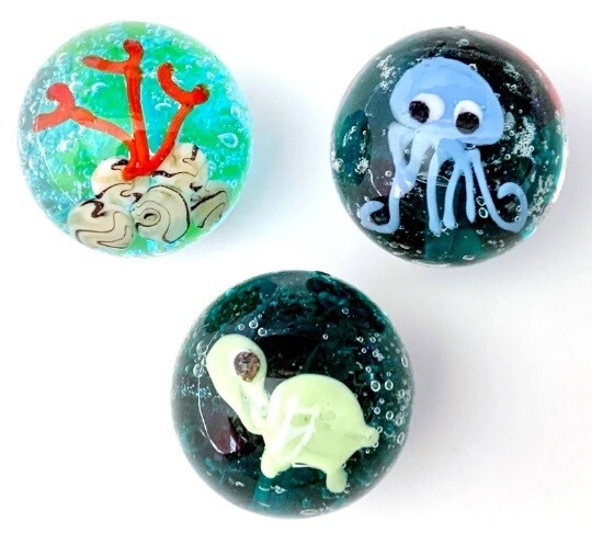 Pk 3 Aquarius 16mm Handmade Art Glass Marbles 5/8th” Angelfish Jellyfish Turtle