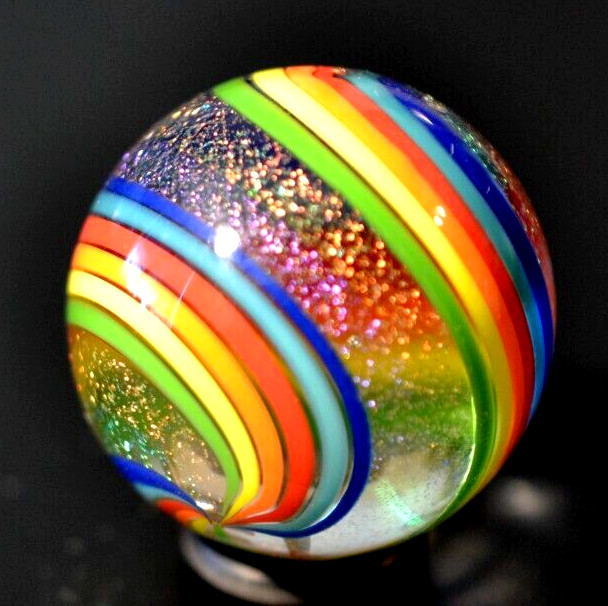 JAMES ALLOWAY GLASS MARBLE/1.236″-DICHROIC DOUBLE SWIRL #3560-LIME,YELLOW,ORANGE