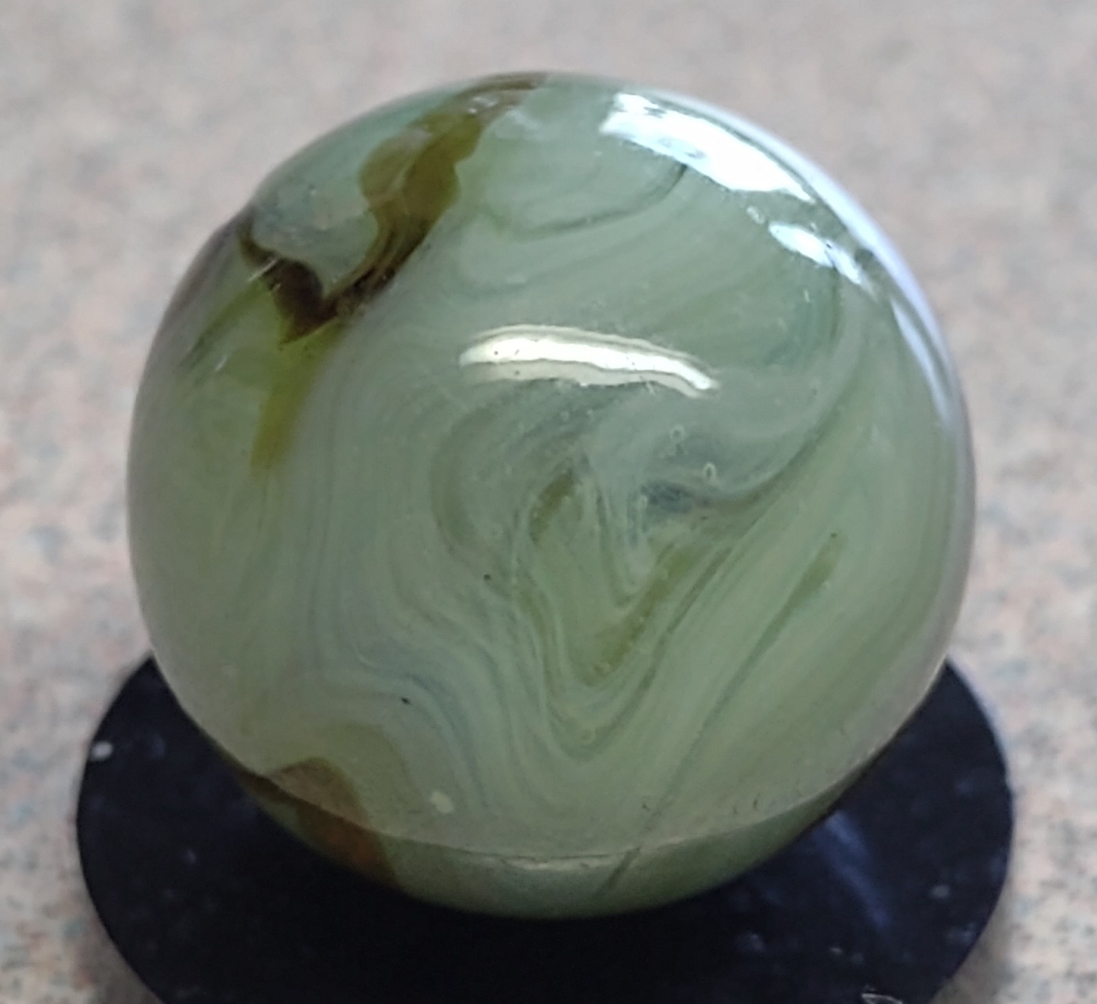 Heaton Agate Swirl marble-.63″ Near Mint+, Lt Green Transl. base-Brown swirl