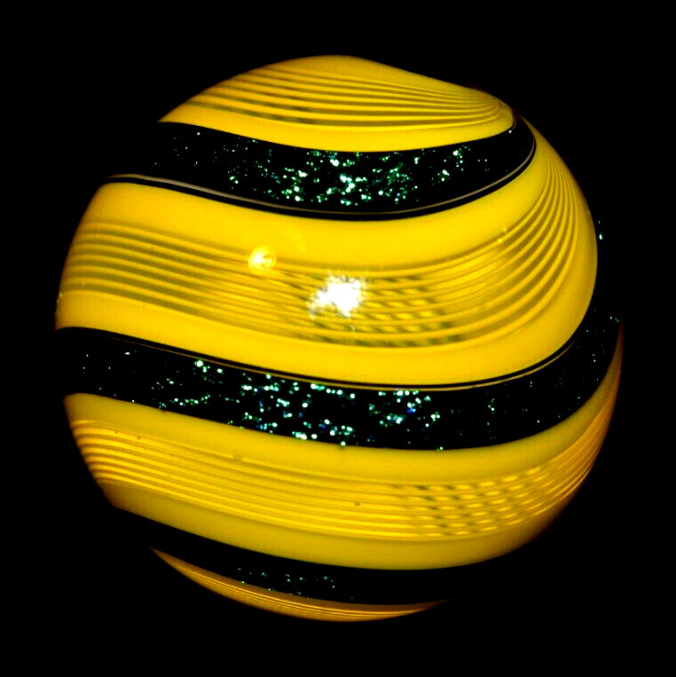 HOT HOUSE GLASS MARBLE/1.712″-SUNFLOWER W/TURQUOISE BANDED FINE LINER #319-FAST