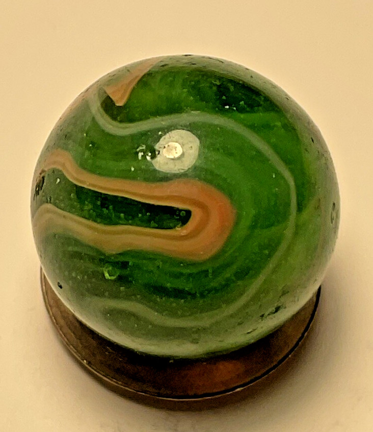 A Vintage Alley Agate Company “ Coral Marble On A Transparent Green. .57” In NM