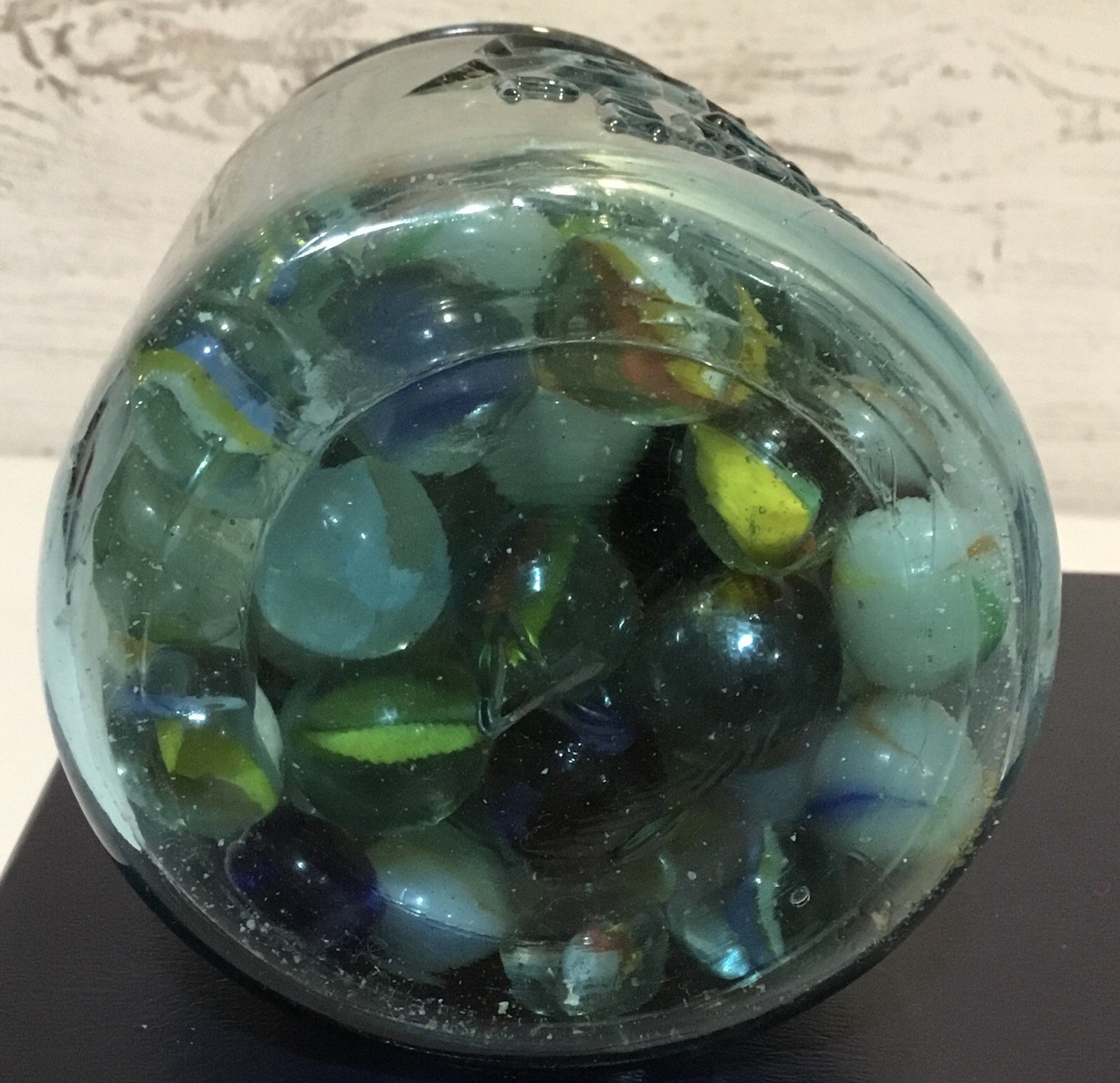 Antique Ball Perfect Mason jar, zinc lid, filled with assorted vintage marbles.