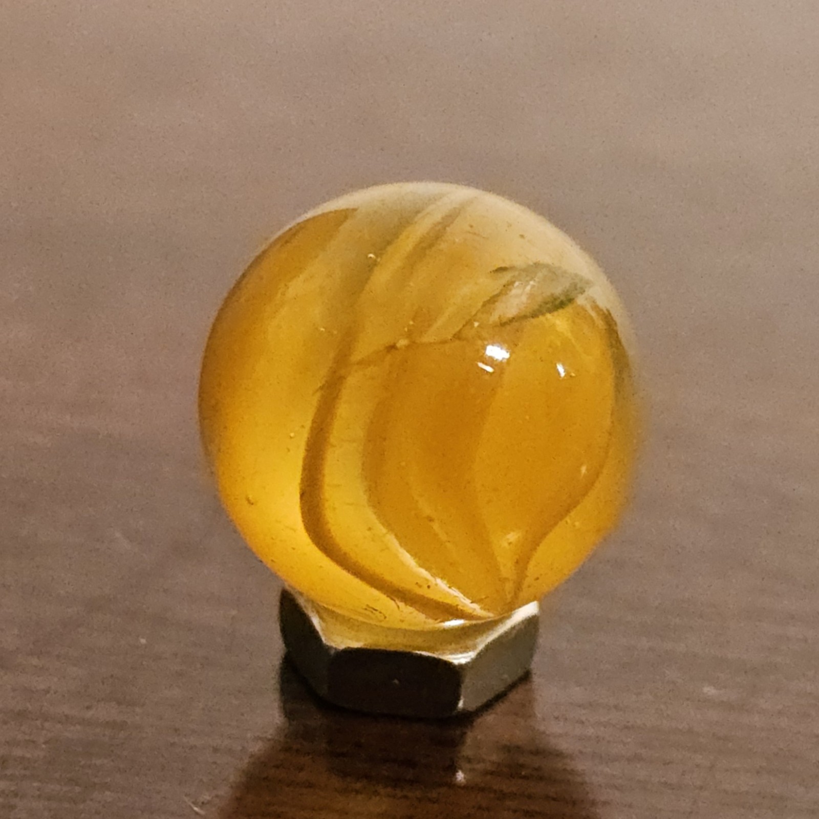 C E Bogard Orange Cadmium Glow 6 Lobe Cats Eye Clear Glass Marble