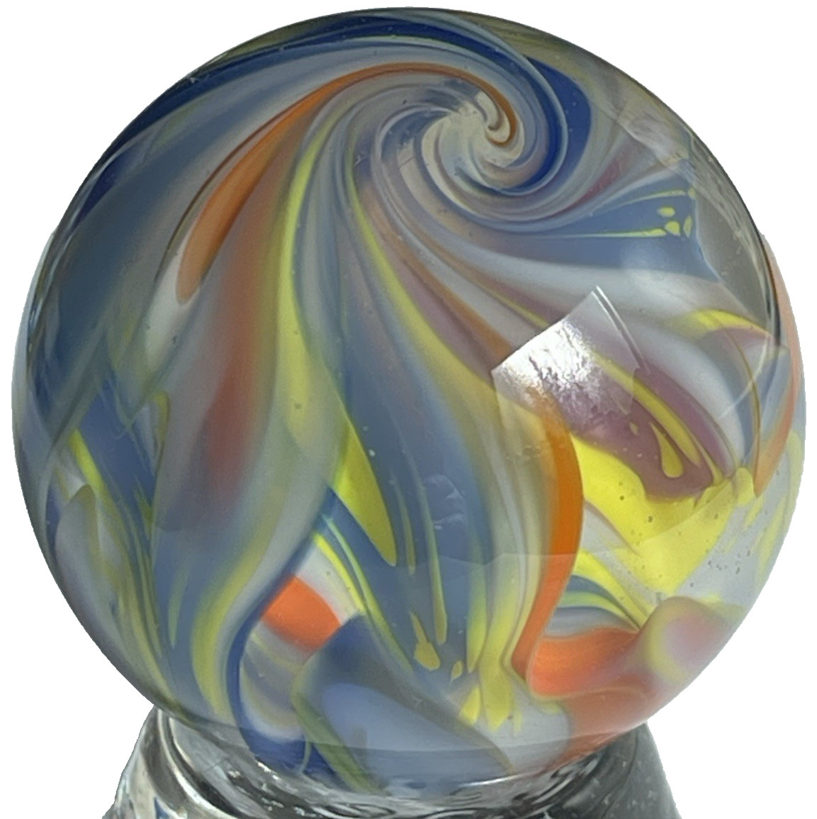 2014 RICK DAVIS MARBLE HANDMADE GLASS ART 1.48″ ORANGE BLUE PURPLE YELLOW MIX