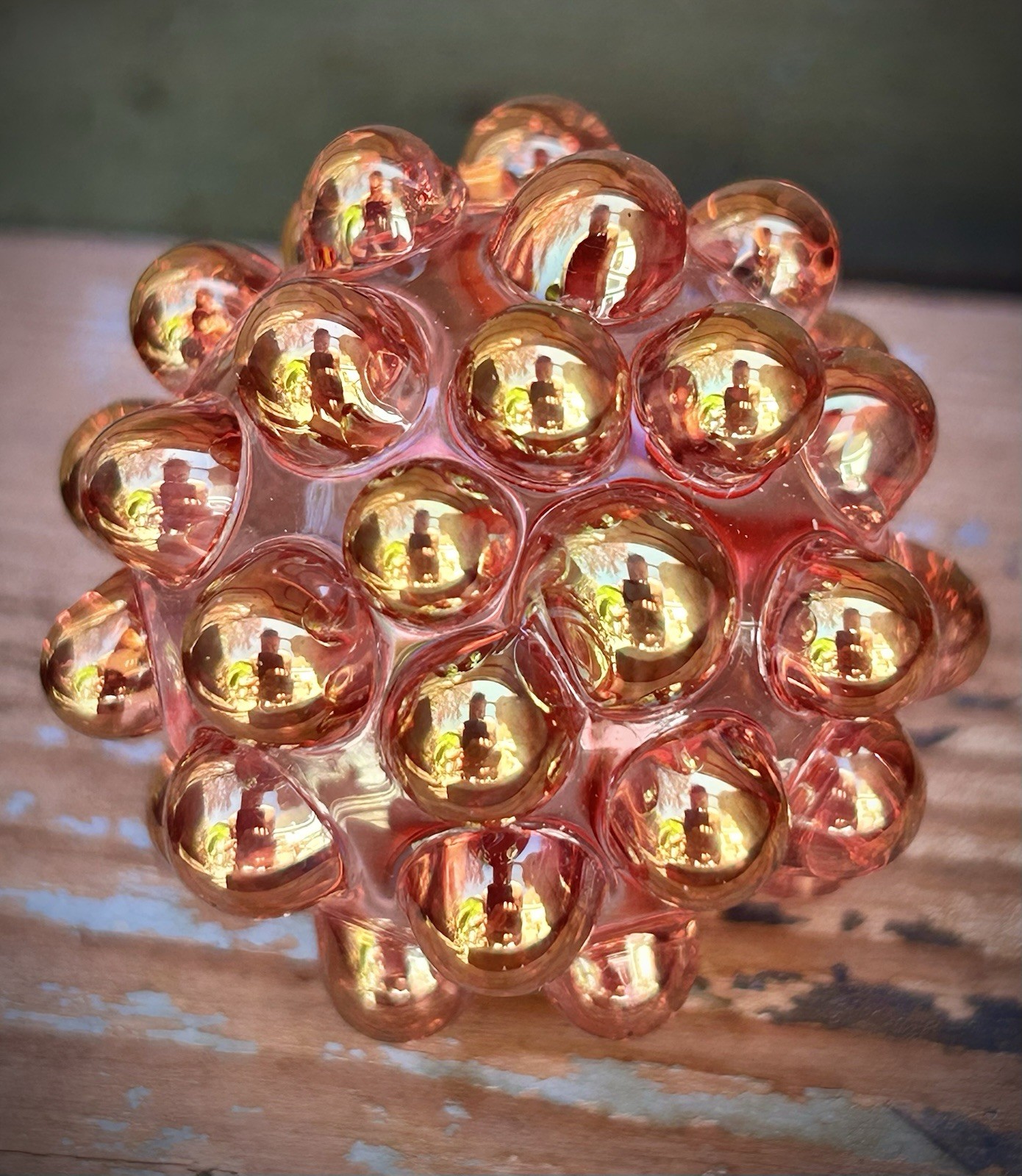 Hand Blown Gold Silver Fume Hobnail Marble Art Glass Paperweight Contemporary