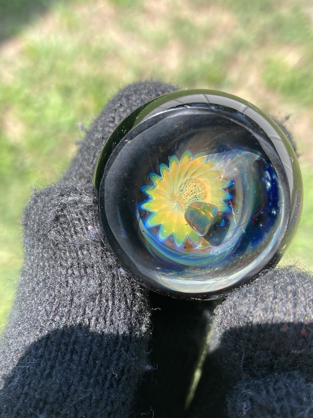 Glass Boro Space Marble 33mm W/ Opal Stone Hand Made Art W/ Faceted ￼Sculpture