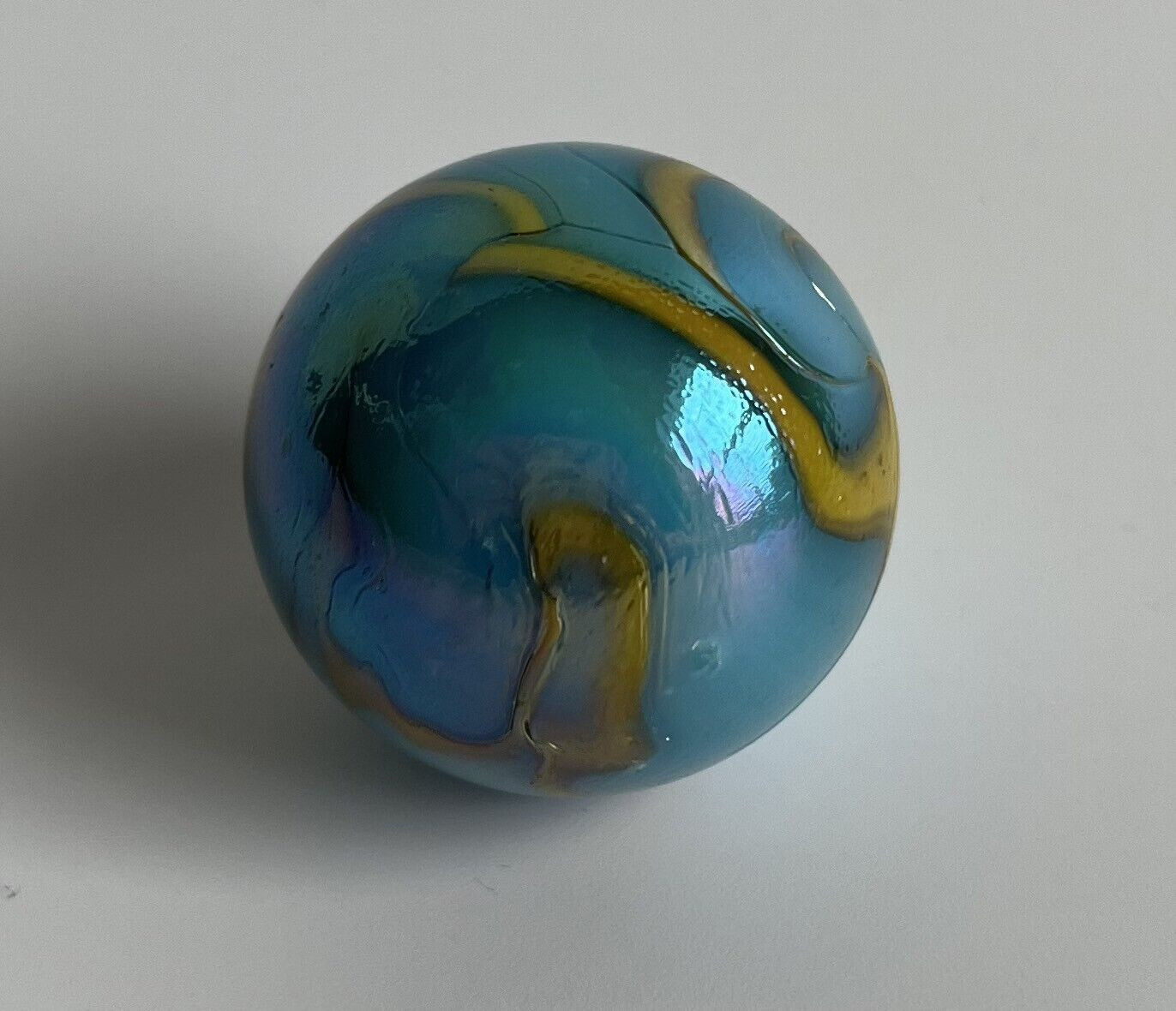 Large Iridescent Blue & Mustard Color Abstract Swirl Glass Shooter Marble