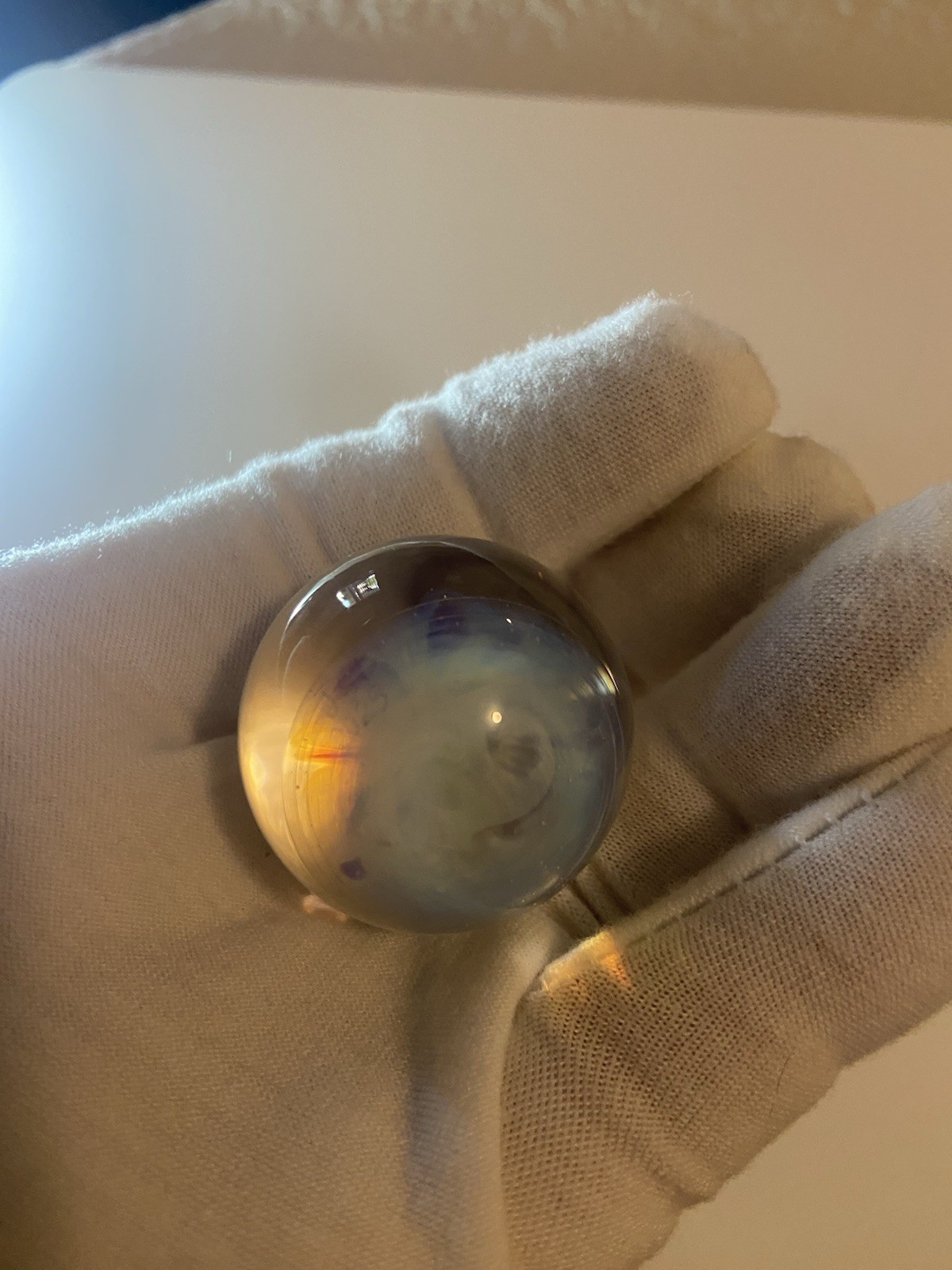 Handmade Art Glass Shooter Marble Sphere, Yellow Purple Swirl Flower Design