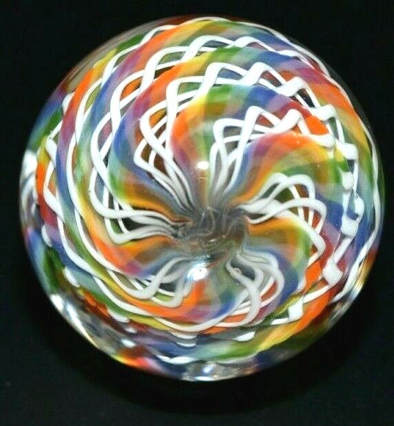 BRYAN TRILLAS GLASS MARBLE/1.316″-12 CANE LACE RAIBOW-RED,ORANGE,YELLOW,BLUE+