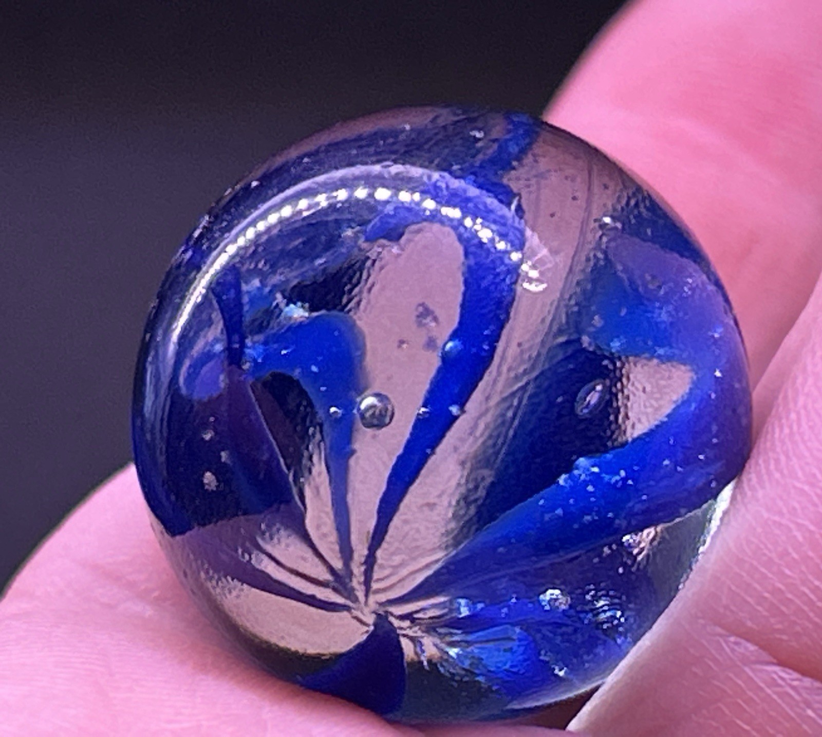 Vintage Deep Blue 7 Vein Caged Cats Eye Shooter 0.96” Marble Near Mint