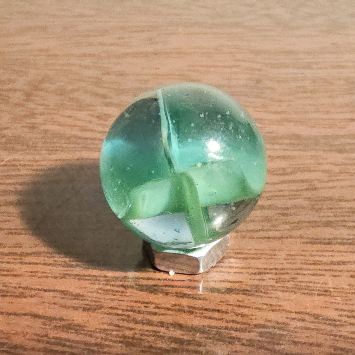 C E Bogard Floppy Green Uranium Glow 4 Lobe Cats Eye Clear Glass .625 Marble