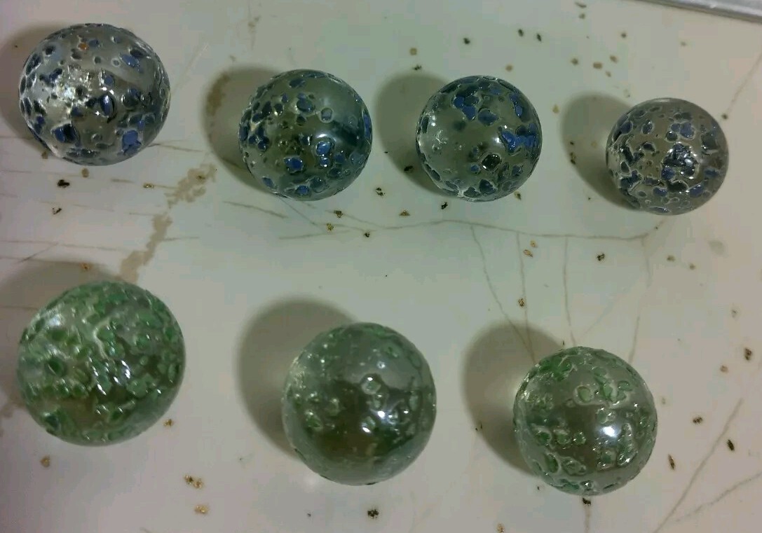 7 Vintage Small Blue & Green Speckled Glass Marbles Lot 4 Blues / 3 Greens