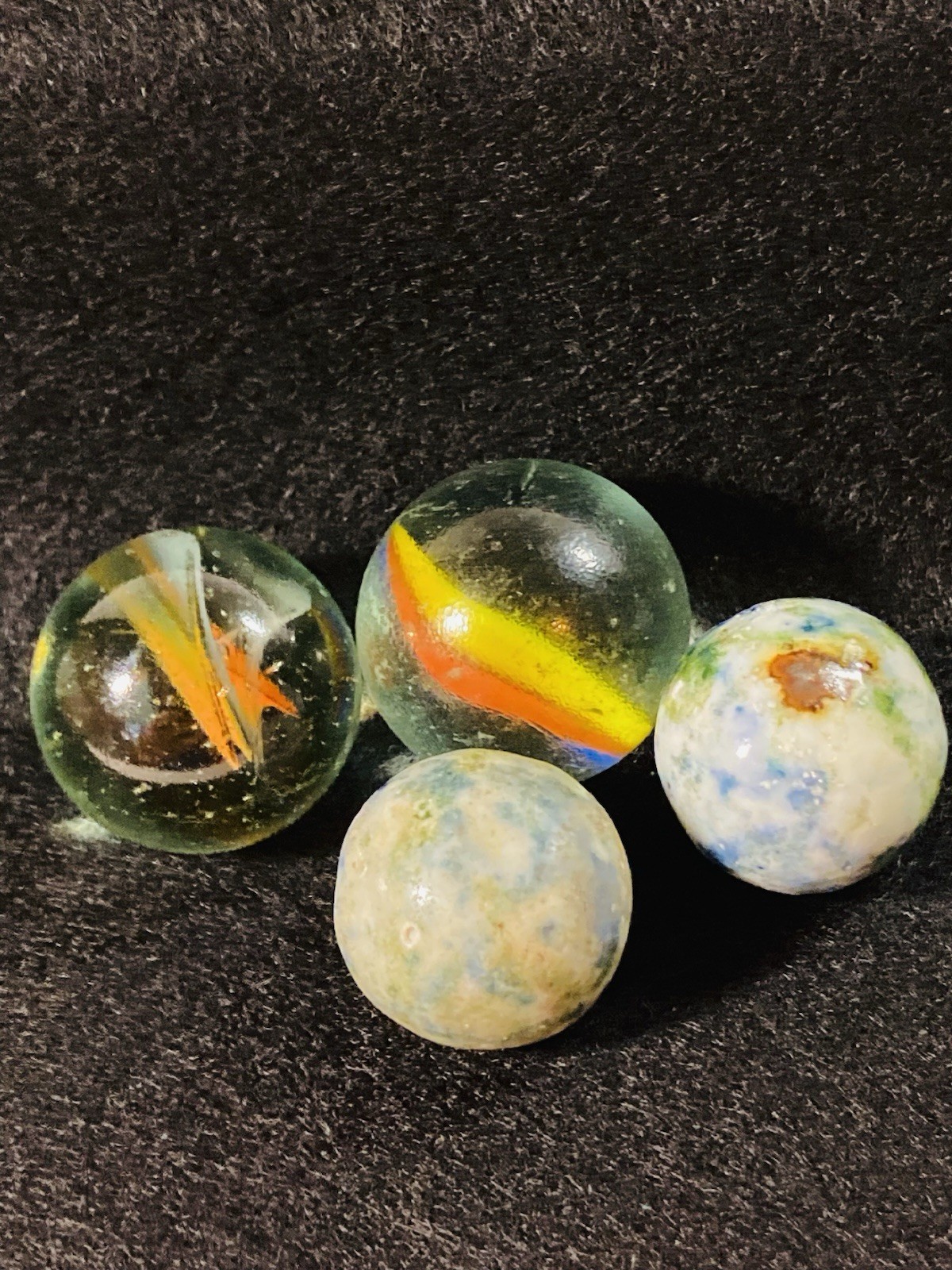2 ANTIQUE VINTAGE BENNINGTON MARBLES FANCY MULTICOLORED 1800’s HANDMADE GLAZED
