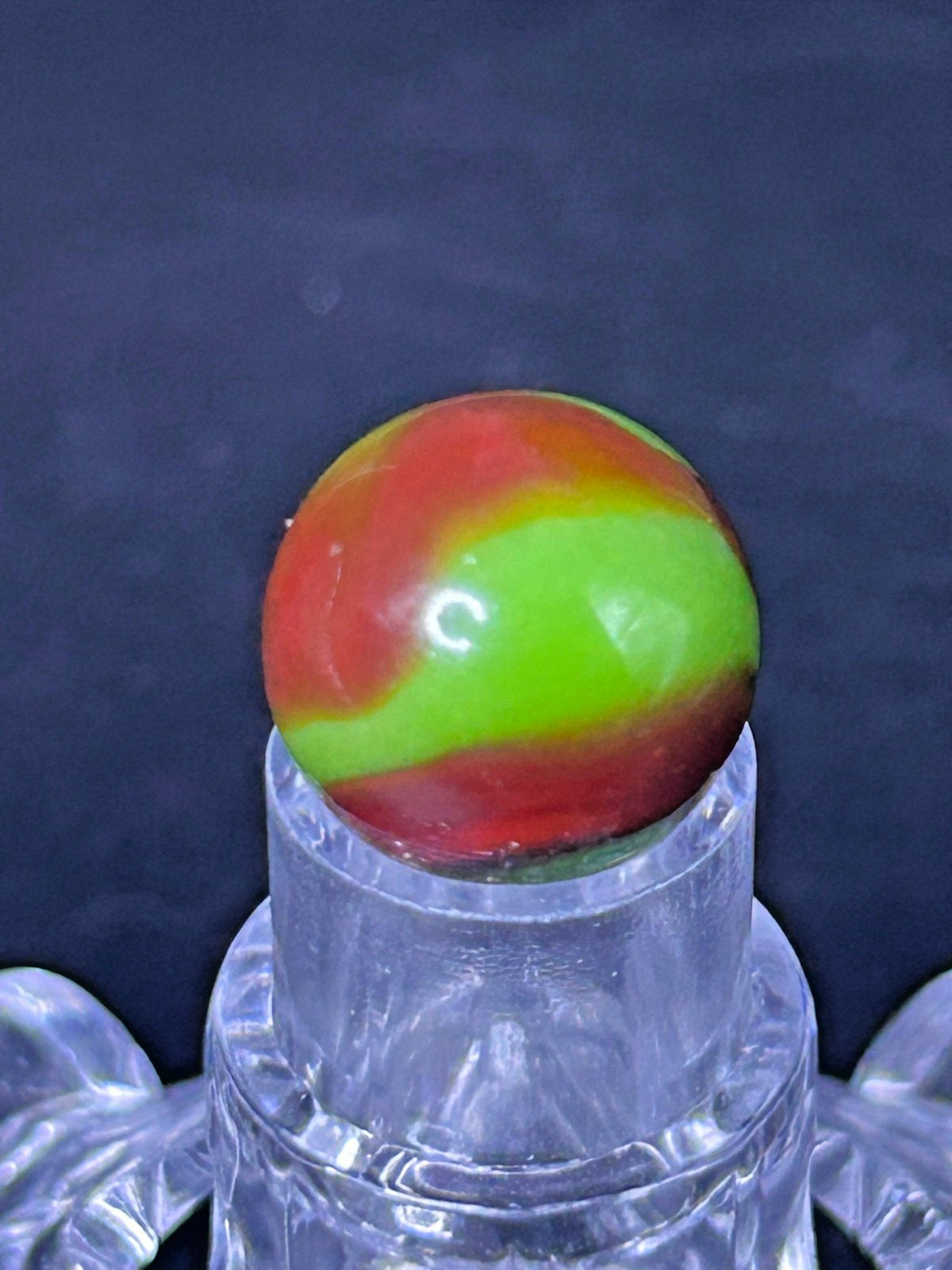 Vintage Peltier NLR Flaming Dragon Marble, Green Base/Red, .59″, Mint, #P19