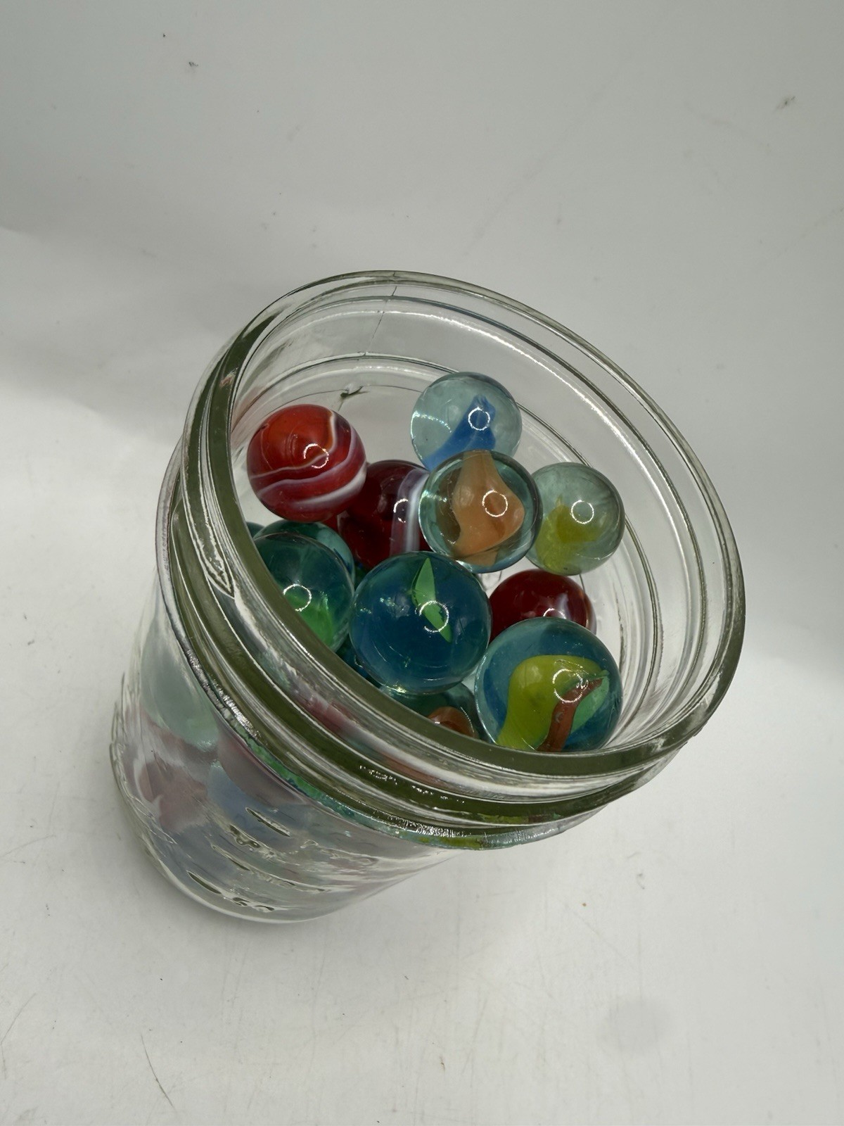 Assorted Vintage Marbles in Small Glass Mason Jar, Asst 50 As Seen Pics